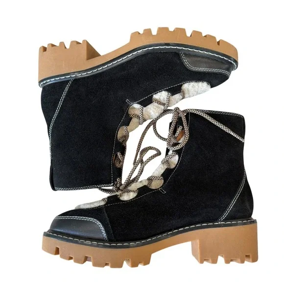 Soludos Womens Black Suede Faux Fur Lug Sole Hiker Boots 8.5 US 39 EU - Picture 7 of 11